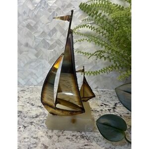 Sailboat Metal MCM Brutalist Brass Sculpture Onyx Quartz Base Mario Jason Signed